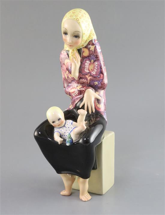 A Lenci pottery figure Maternita designed by Helen Konig Scavini, c.1930, H. 30.5cm, repair to babys left leg and bird